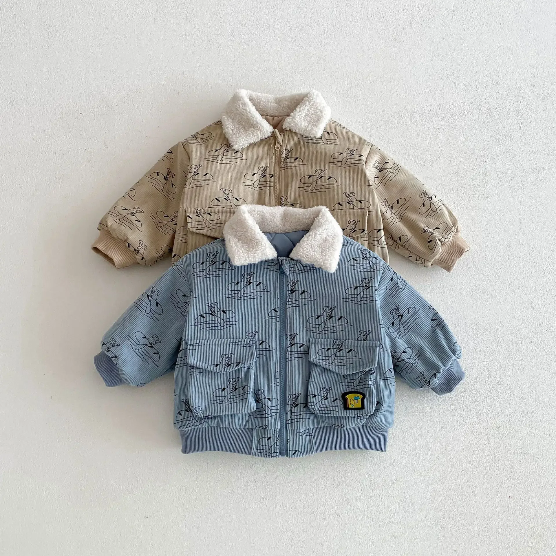 0-5Y الاطفال الكرتون المطبوعة وسادة مبطنة 2025 صوف الضأن طوق مبطن بطانة معطف الشتاء الدافئ للبنين بنات سميكة أبلى