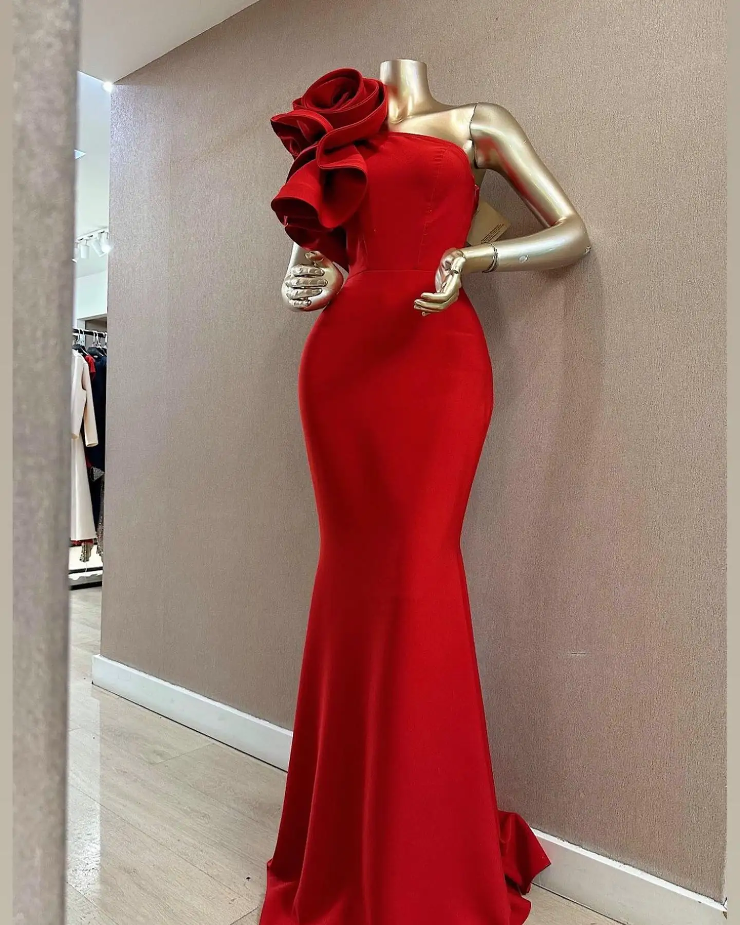 

Customized Graceful Jersey Mermaid One Shoulder Ruffles 3D Flowers Evening Dress High Quality Sleeveless Celebrity Gowns