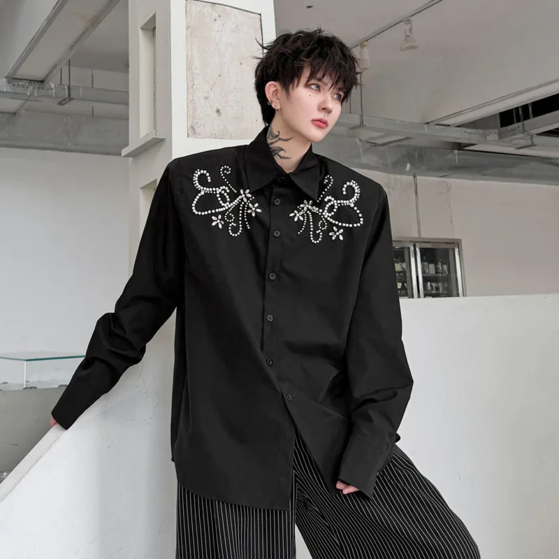 WVGA 2026 Autumn Men's Loose Long Sleeved Shirt Turn-down Collar Solid Color Handmade Bead Decoration Two Colors Tops Ins W27089