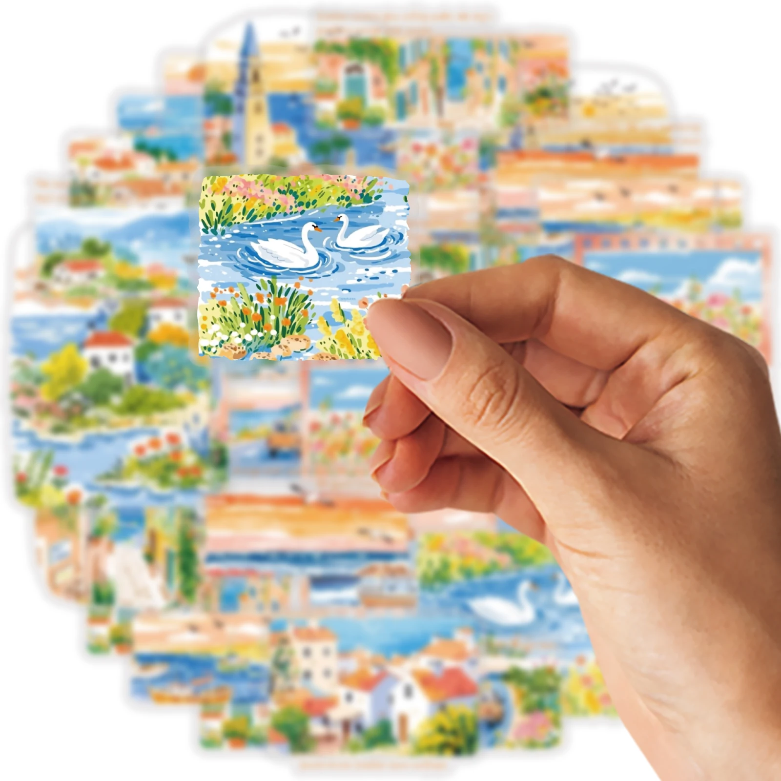 Etori Life Fresh Seaside Travel Stickers 30Pcs Small Town Scenery Journal Collage Material Suitable for Luggage, Laptop, Guitar, Skateboard, Refrigerator, Room Decoration, Handmade Scrapbooking Supplies, DIY Crafts, Office Decoration Accessories, Envelopes and Gift Paper Bags, Label Seals, Birthday and Holiday Gifts, Artistic Aesthetics, Waterproof Decals, School Supplies, Korean Stationery view 3