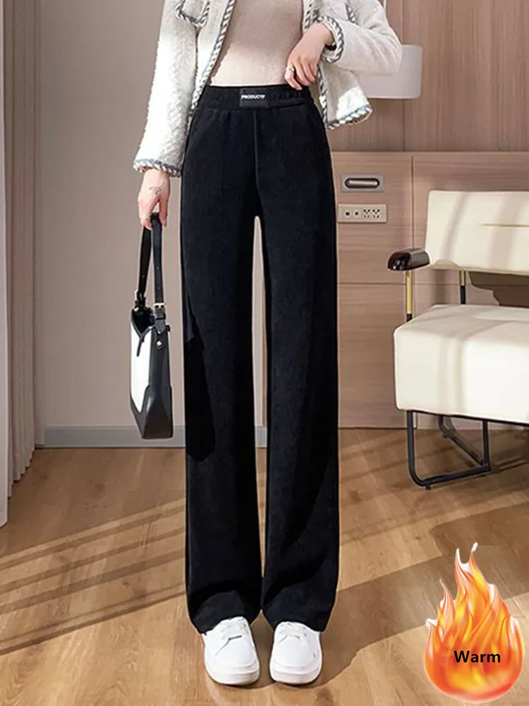 Velvet Lined Casual Wide Leg Pants Winter Thick Elastic High Waist Women Straight Pantalones Baggy Warm Plush Trousers New