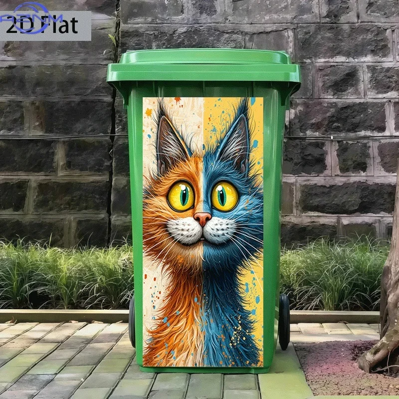 2D Flat Printing 1pc Trash Can Sticker ×cm, Two-Tone Fantasy Cat Themed Design, Self-Adhesive Wall Decal Wallpaper, Kitchen Tr