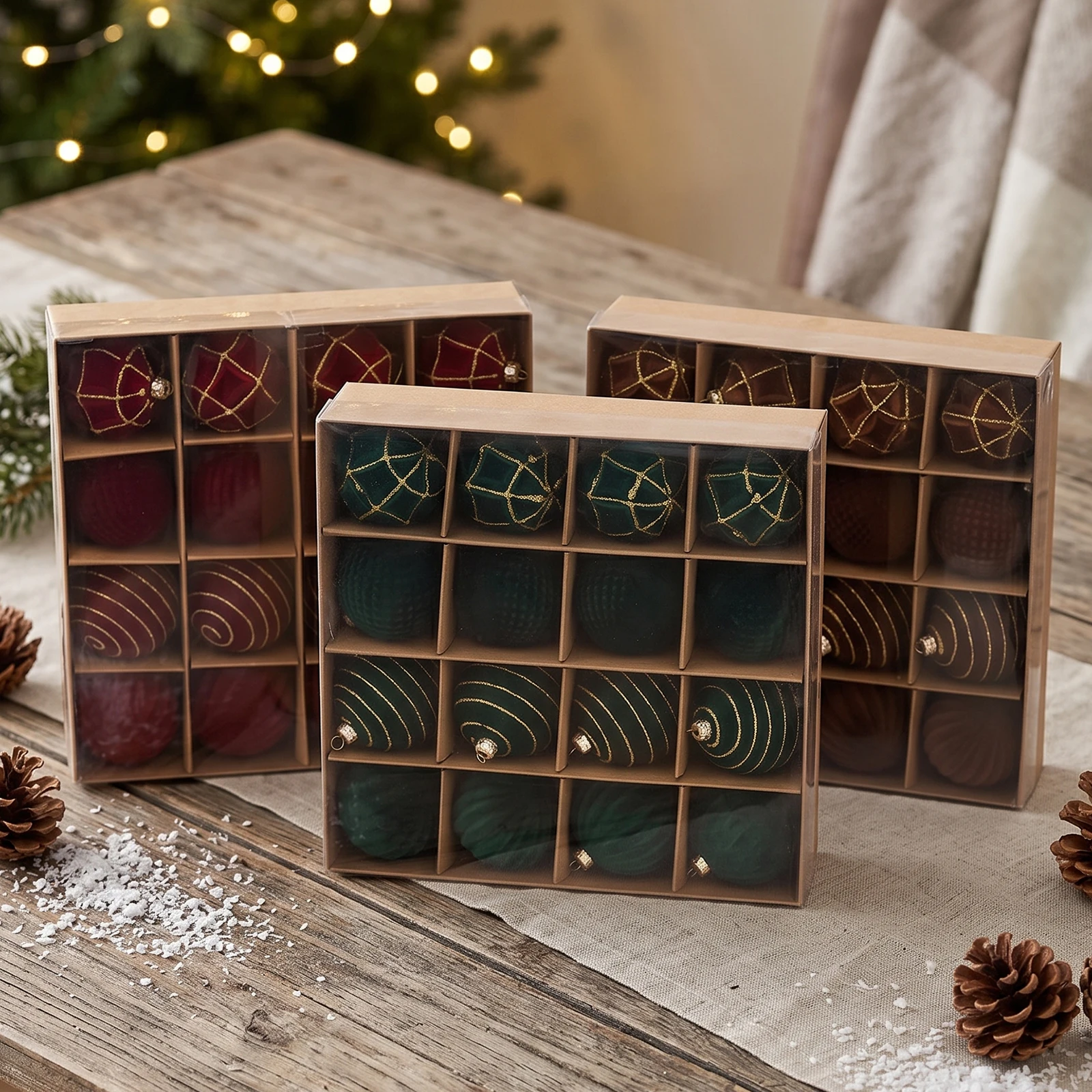 16-Pack 2.36Inch Flocked Velvet Christmas Tree Ornaments Set, Burgundy Green Brown Textured Hanging Balls with Glitter Line for