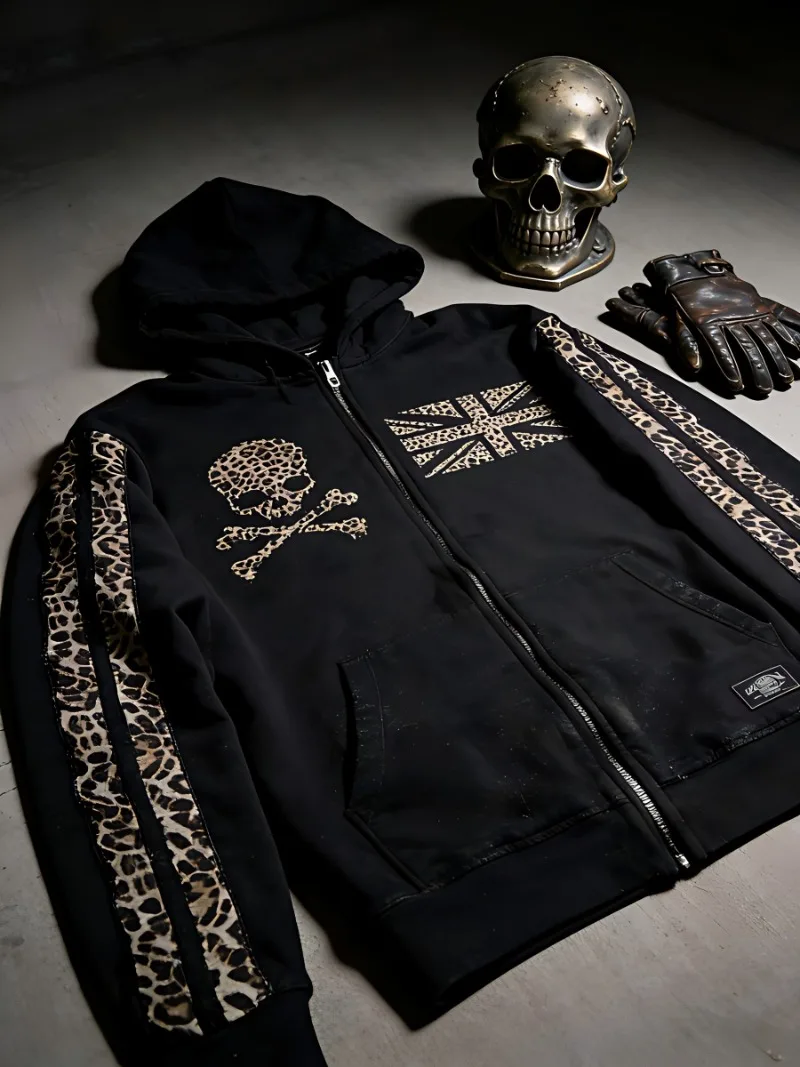 

Y2K Gothic Leopard Print Skull & Union Jack Tracksuit Men Vintage Wash Punk Streetwear 2 Piece Set Vintage Мужская Одежда Pants