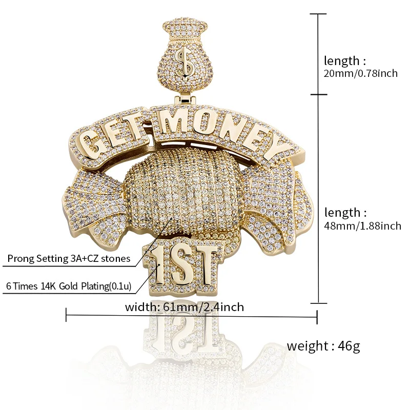 Hip Hop AAA CZ Stone Paved Bling Iced Out Get Money Dollars Money Bag Pendants Necklace for Men Rapper Jewelry Drop Shipping