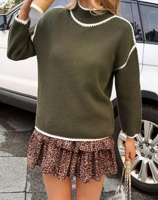 

Autumn Fashion Patchwork Contrasting Stand Up Collar Loose Long Sleeved Knitted Sweater for Women, Simple Long Sleeved Sweater