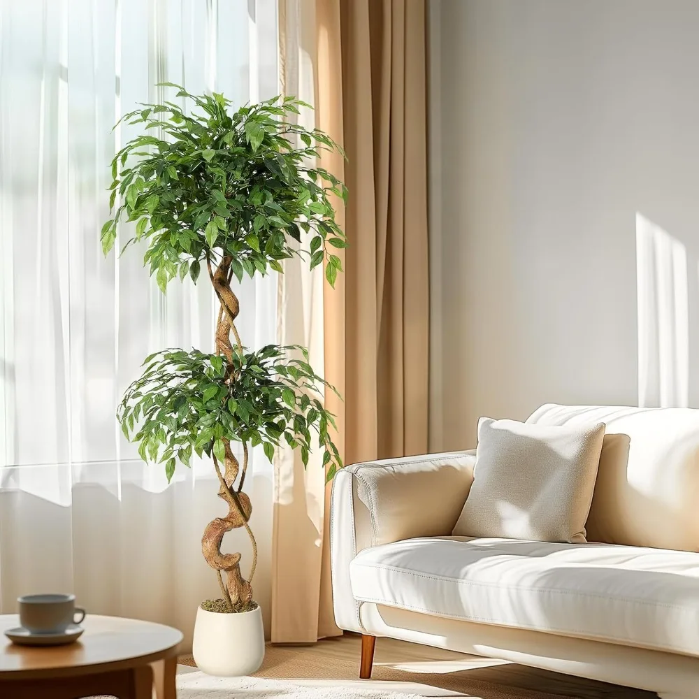 

Office Furniture Sets-Ficus Artificial Tree with Curved Trunk 5FT Faux Silk Plant in White Pot for Home Office Decor Indoor