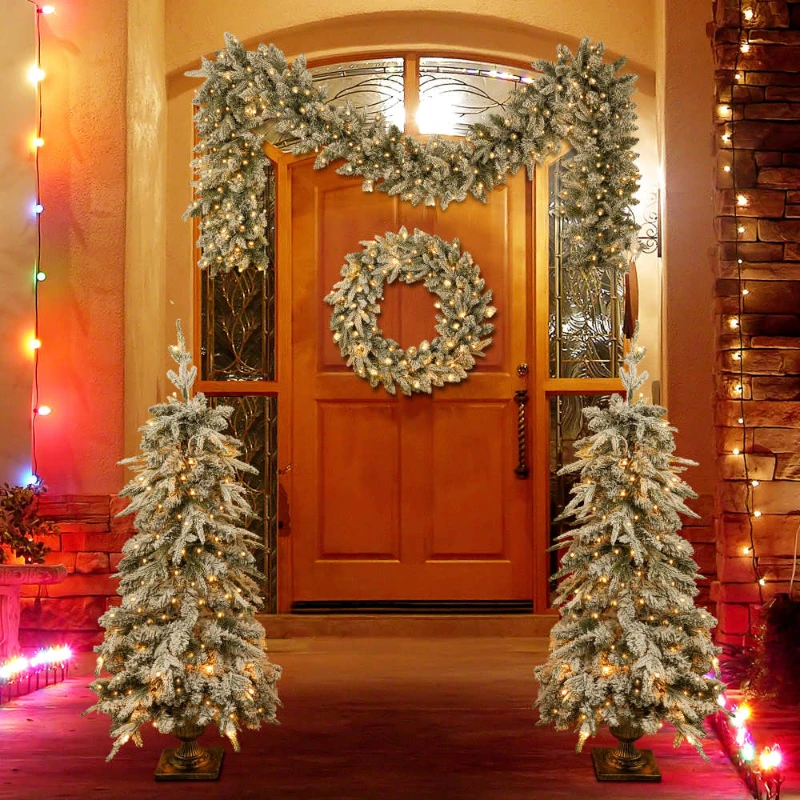 

Pre-lit Christmas Artificial Tree 4-Piece Set Garland Wreath Set of 2 Entrance Trees X-mas LED Lights PVC Festival Celebration