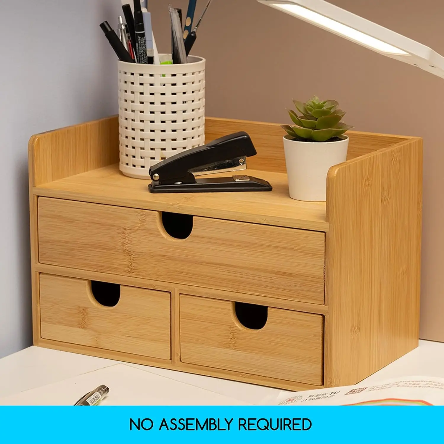 Bamboo Desk Organizer with Drawers: Desktop Storage Container with Shelf
