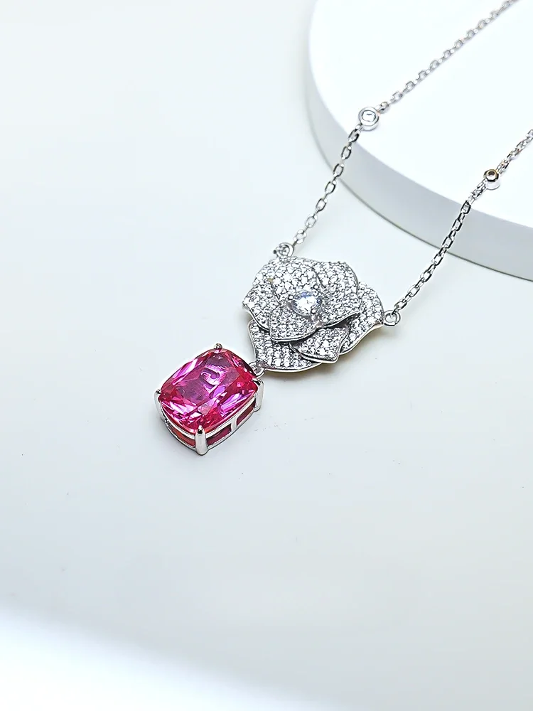 Fashionable Floral Pink Tourmaline S925 Silver Pendant with High Elastic Diamond Inlay, Versatile, Niche, and High-end Feel