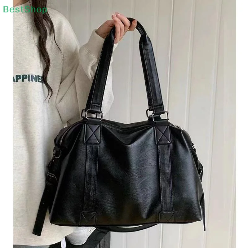 

★★★★Black Leather Tote Bag Vintage Simple Women Handbag Solid Shoulder Messenger Bag Daily Commuting Bags