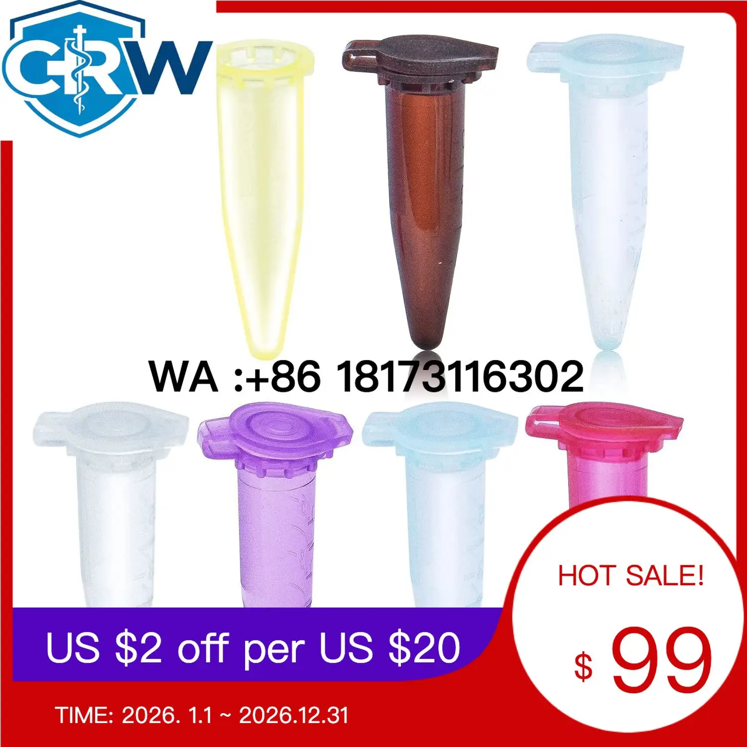CRW 0.5 ml 1.5 ml Microcentrifuge Laboratory Test Tube Centrifuge Tube Transparent Chemical Printing Laboratory Cone Bottom