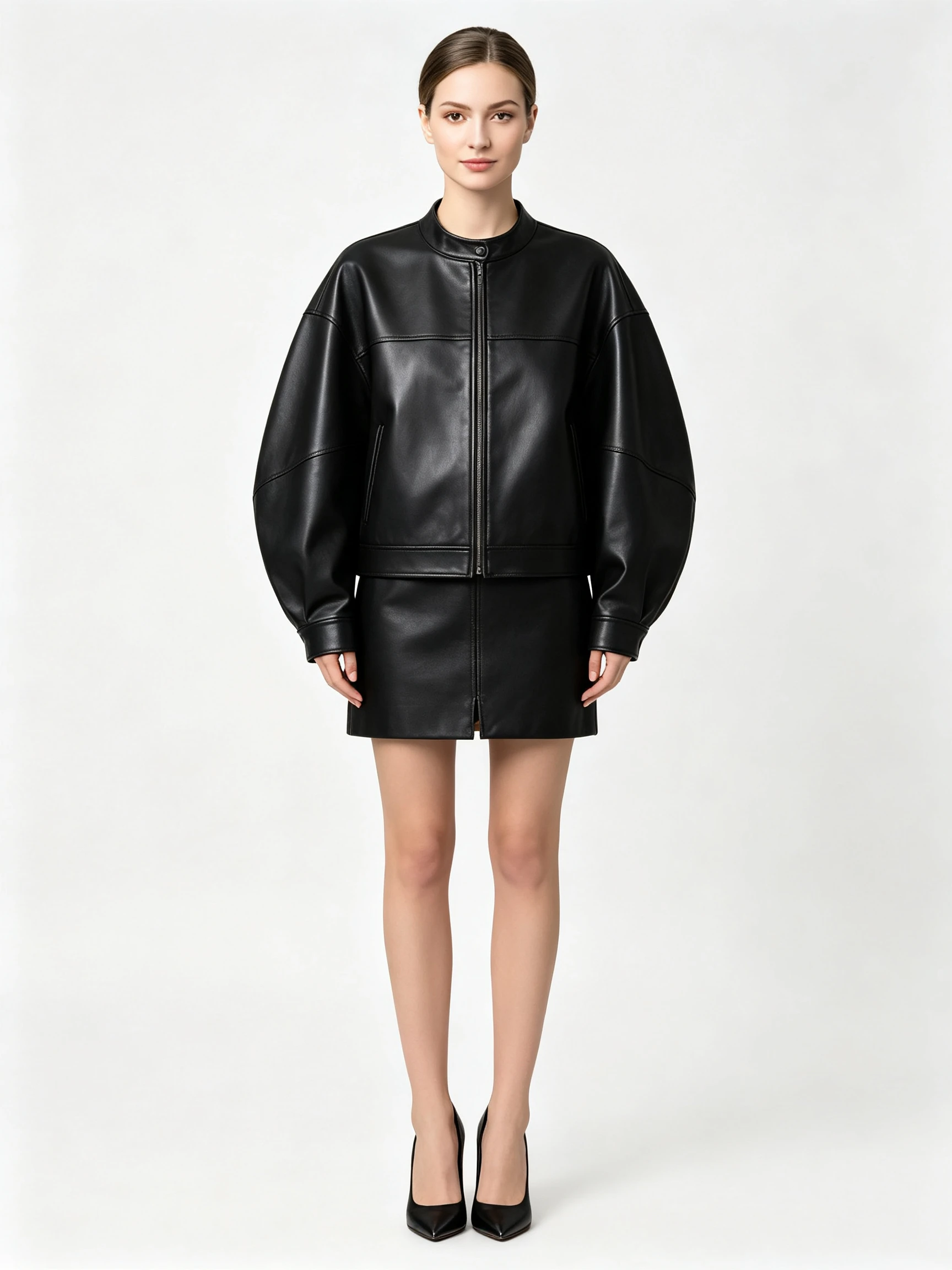 Women's Oversized Faux Leather Jacket with Collarless Neck and Zip Front