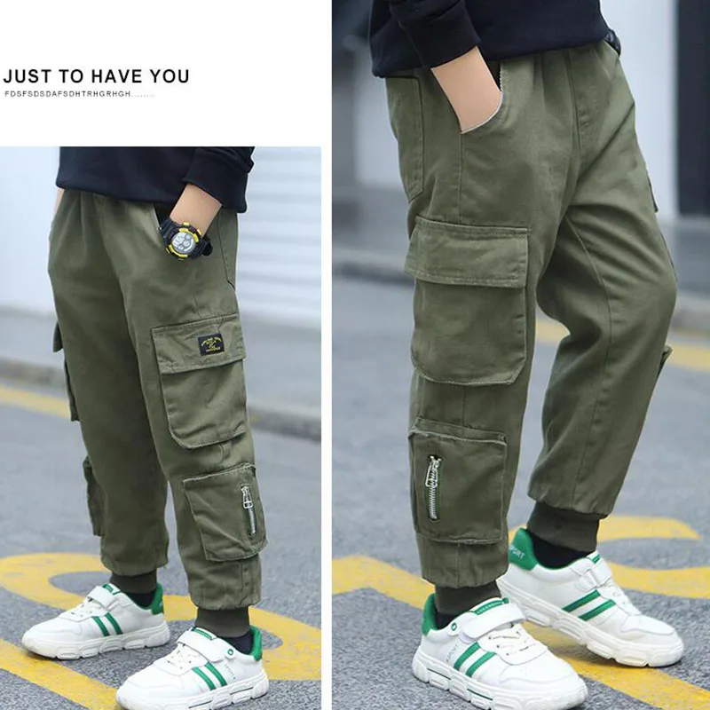 Spring Autumn Boys Kids Cotton Fashion Handsome Pocket Pants Elastic Waist Trousers Teenage Outdoor Casual Sport Pant3-12 Years