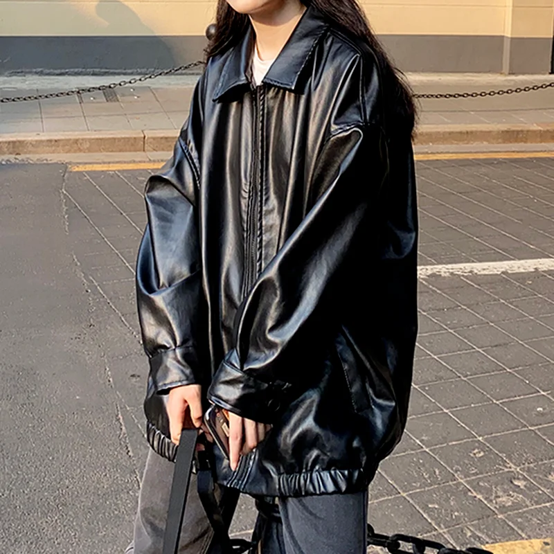 2024 New Korean Black Leather Winter Long Women Moto Biker Zipper Jacket Streetwear Haruku Y2k Loose Female Coat