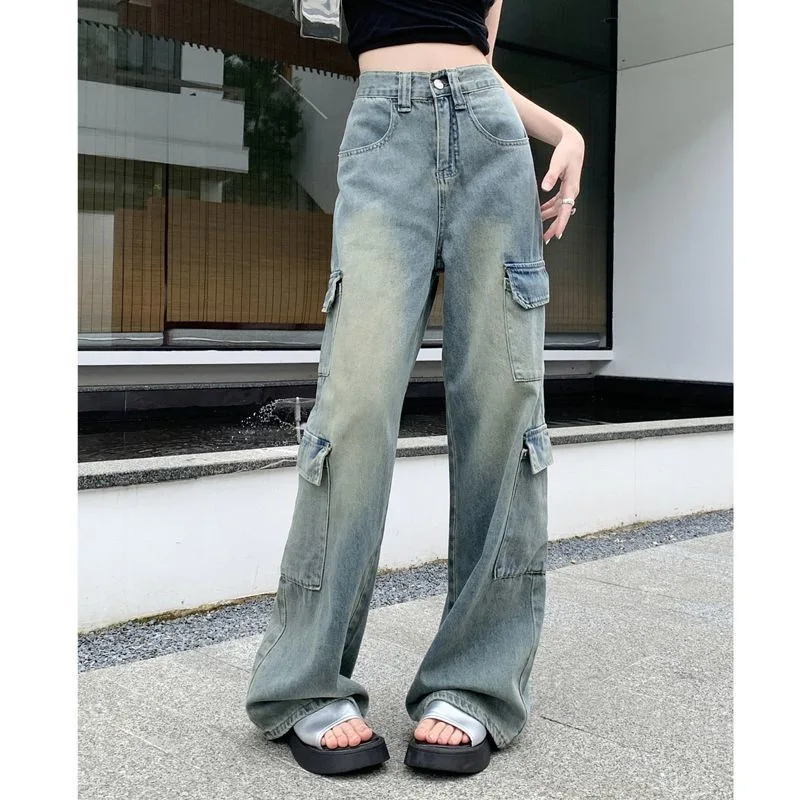 Pantalon Cargo en Denim Bleu, Streetwear Y2k, Baggy Harajuku, Multi-Poches, Taille Basse, Jambes Larges, Jean Esthétique Kpop, 2025