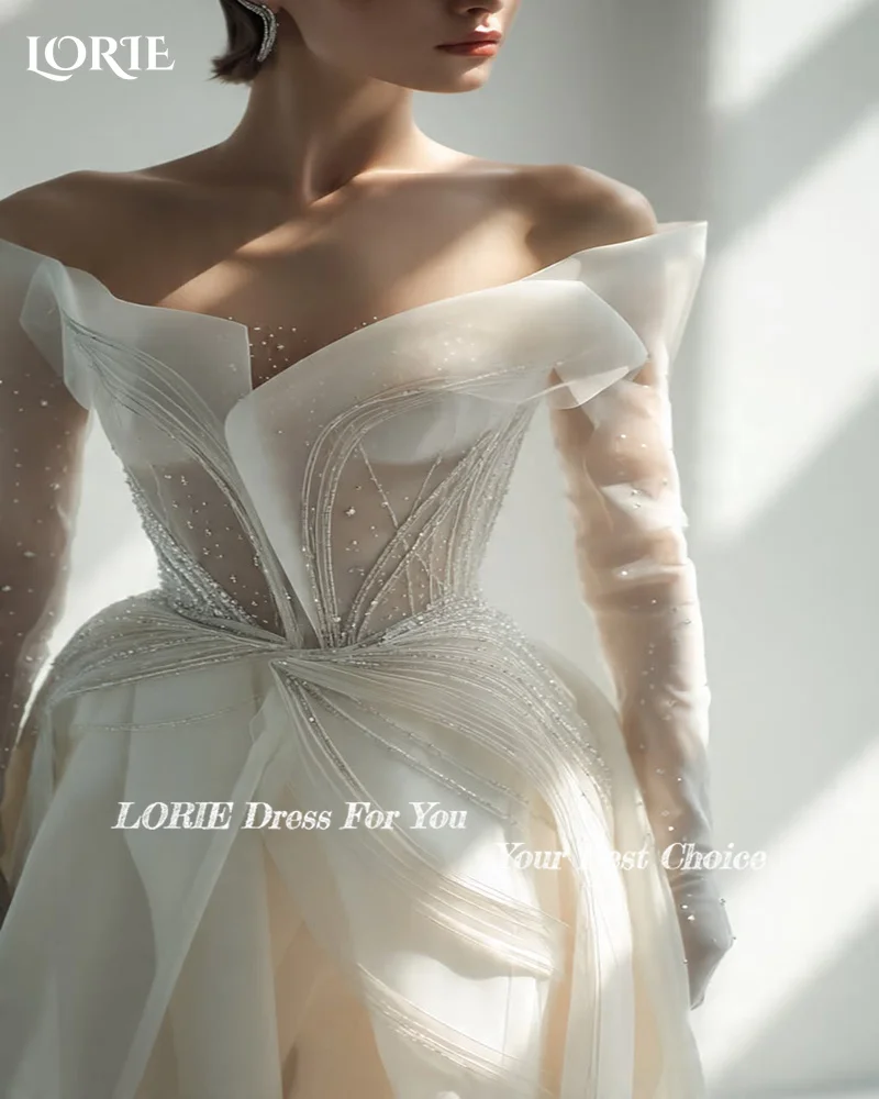 LORIE Boho Wedding Dress Off Shoulder Long Sleeve Lace Beach Princess Button Bridal GownCustomized A-Line Bohemian Bride Dresses