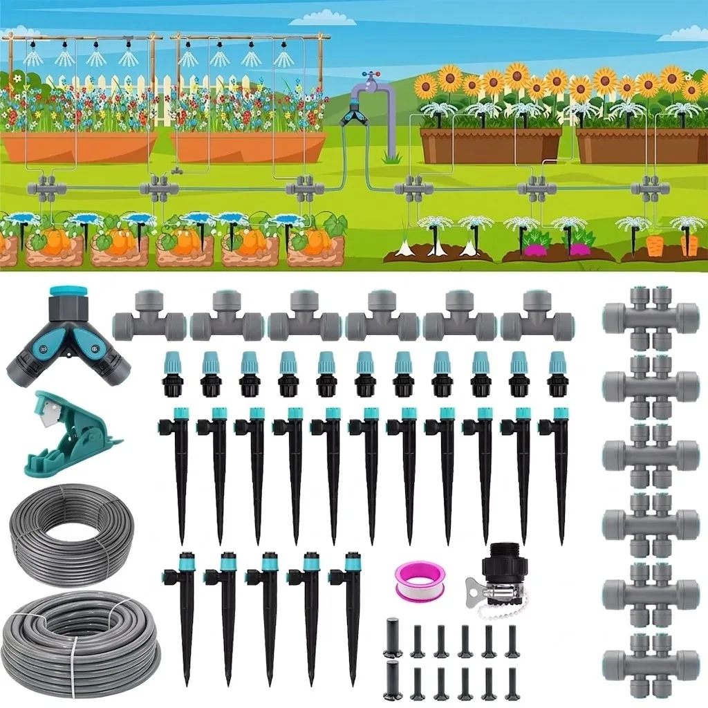 230FT Y Type Distribution Tubing Kit With Three Adjustable Nozzle Types Drip Irrigation Watering System Quick Connect PE Hose