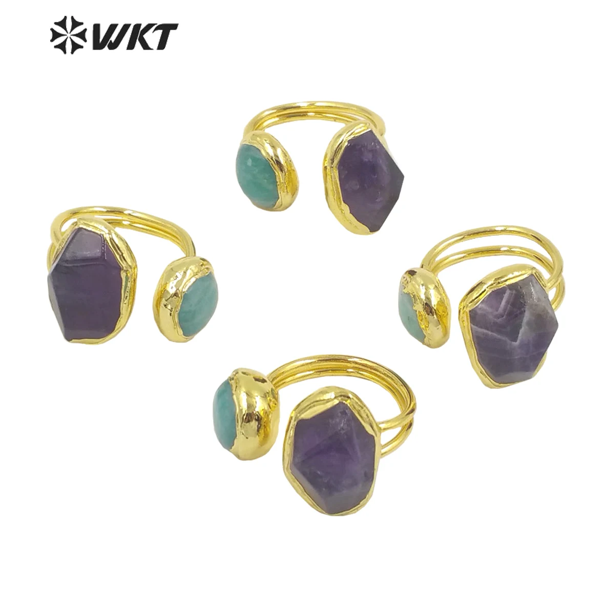 WT-R415 WKT newest fashion double stone open size adjustable women gold stone Ring natural Amethyst stone aniversary gift Ring