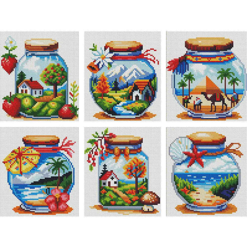 Momoart 6pcs Mini Diamond Mosaic Bottle Abstract House Landscape Acrylic Craft Supplies DIY Diamond Painting Seaside Handmade