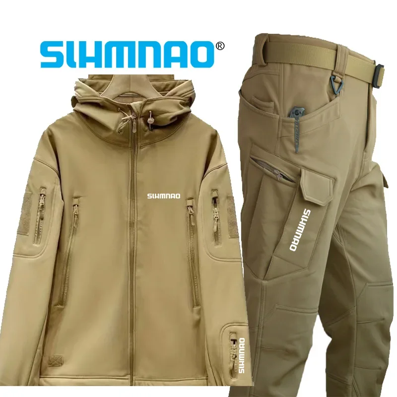 

Soft Shell Fishing Suit Jacket Shark Skin Assault Suit Men's Autumn and Winter Windproof and Breathable Fleece Hiking Pants Set