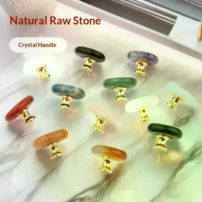 1 Set Jewelry Box Drawer Door Knob Cupboard Dressing Cabinet Pulls Crystal Agate Stone Handle Circular Furniture Handle