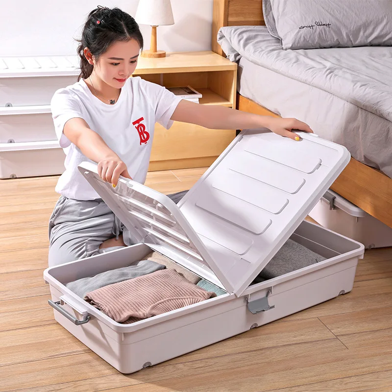 King Bed Bottom Storage Box with Rollers: Clothing Organizer Flat Pack Under Bed Makeup Organizer Space Saver.