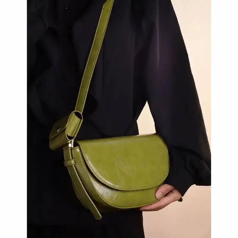 Bloom Vintage Green Shoulder Women High Street Leather Casual Saddle Bag Handbag Female Retro Solid Crossbody Bags Ladies