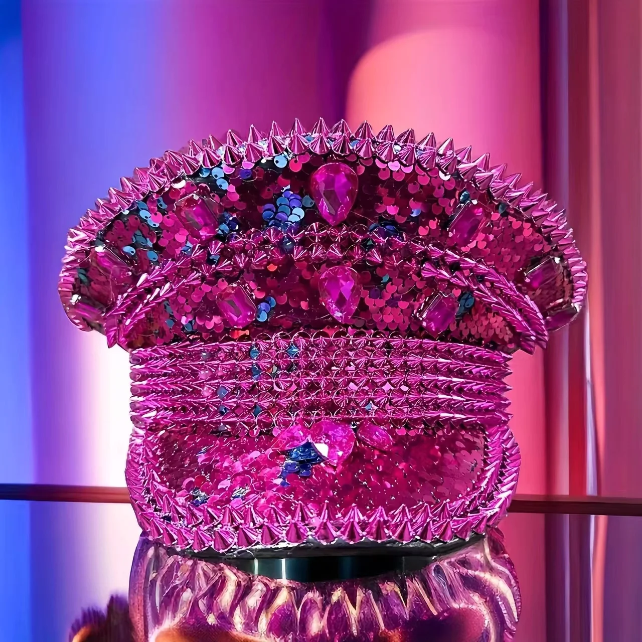 HongLuan Yellow Laser Leather Loop Captain Hat Rhinestone & Military Caps for Woman, Rave Festivals Accessories ＆ Party Cap Man