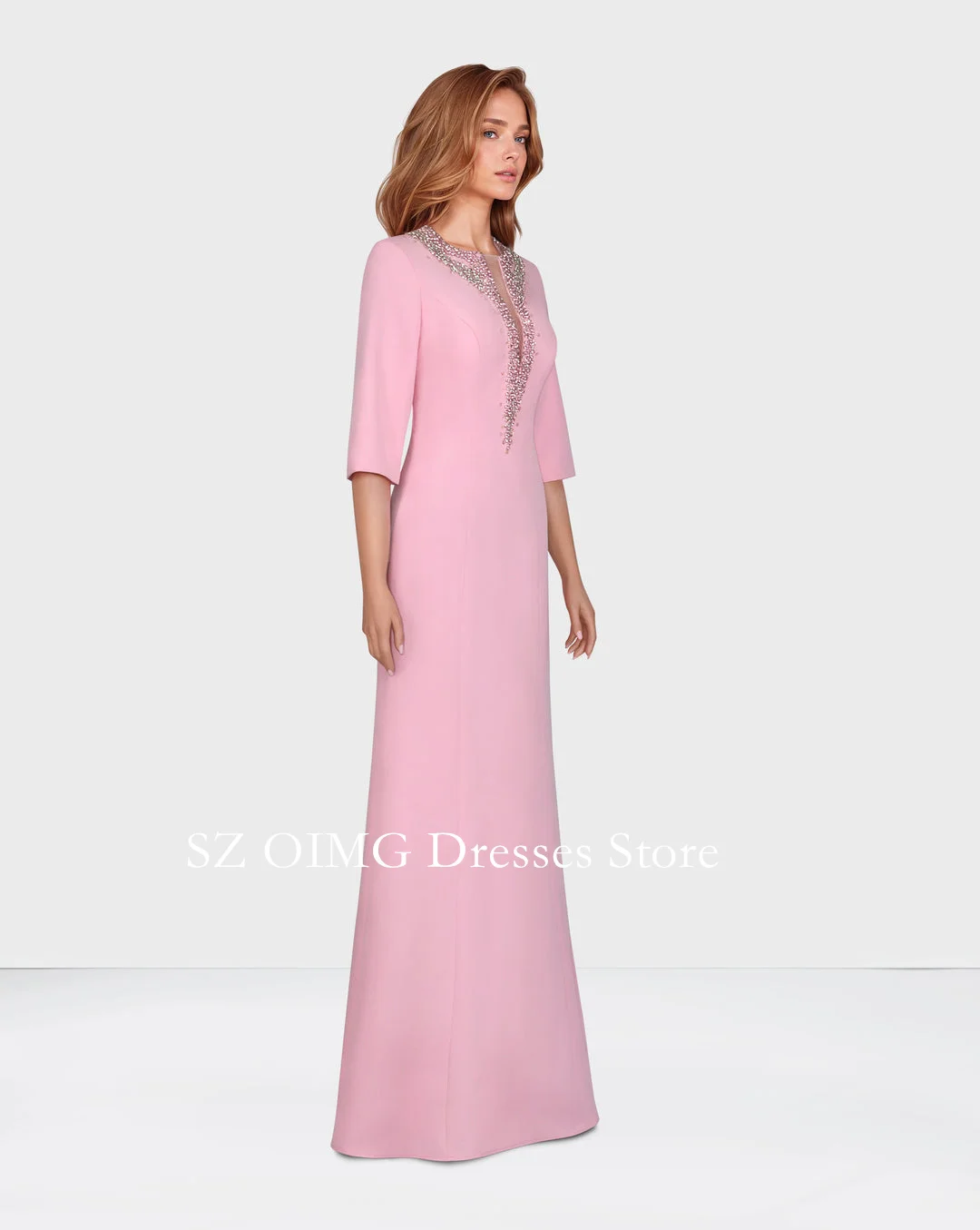 V-Neck Crystals 2024 New Summer Women\'s Maxi Pink Satin Prom Dress Long Sleeves Fashion Elegant Celebrity Vintage Party Dress