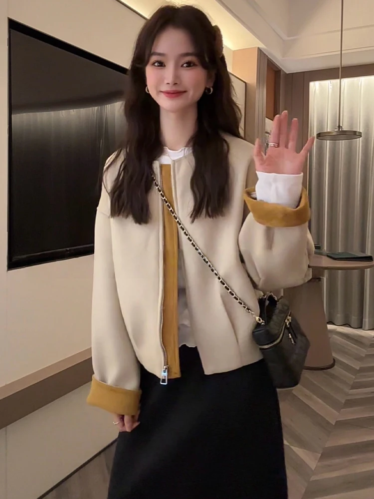 

Ранняя осень, повседневная женская куртка, простой топ из двух предметов Sli, модный корейский топ Long Sve, круглая застежка-молния