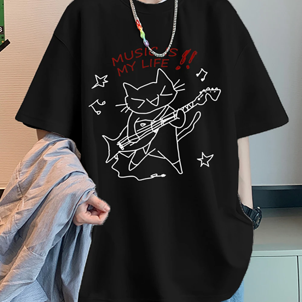 تي شيرت مطبوع عليه موسيقى الروك كات إز ماي لايف للنساء والرجال كاجوال فضفاض روك مضحك برقبة دائرية وأكمام قصيرة للجنسين