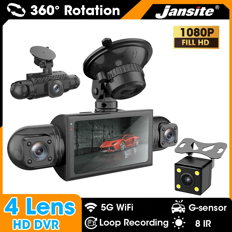 Jansite Mini 1080P Car DVR 4 Channel Dash Cam for Cars Video Recorder Night Vision Left Right Rear View Camera