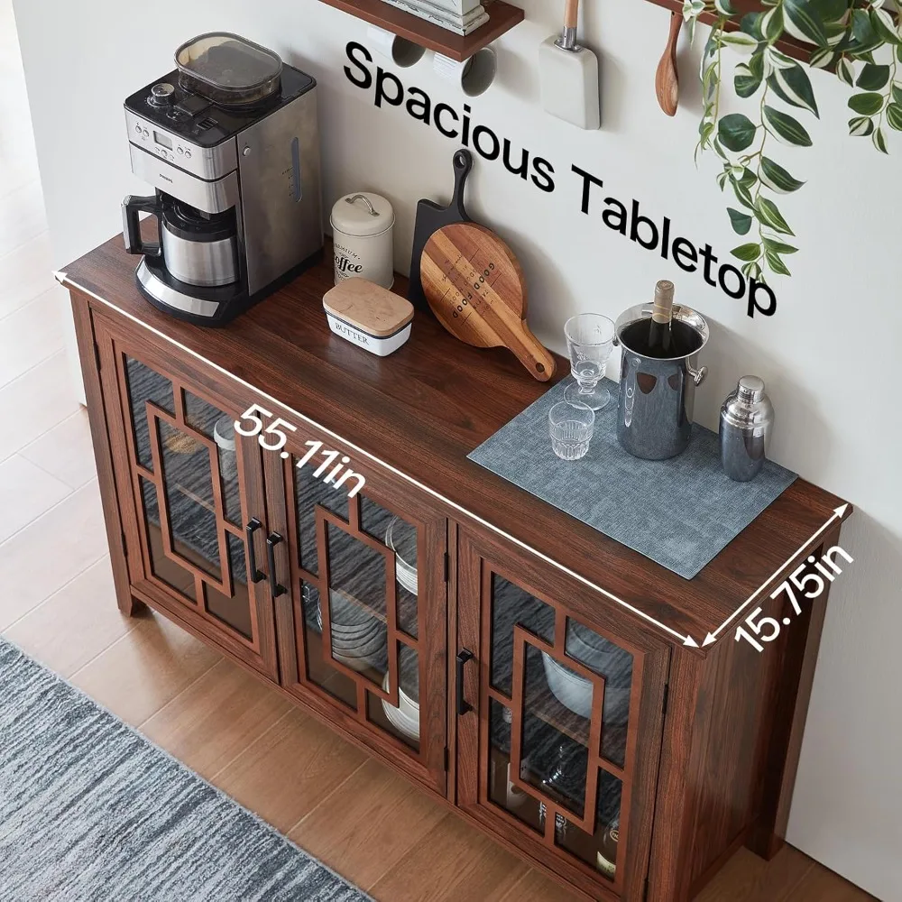 Großes Sideboard, Buffetschrank mit Stauraum, 55 Zoll Bauernhaus-Küche, Kaffee-Weinbar-Schrank mit 3 Glastüren, Holz aus der Mitte des Jahrhunderts