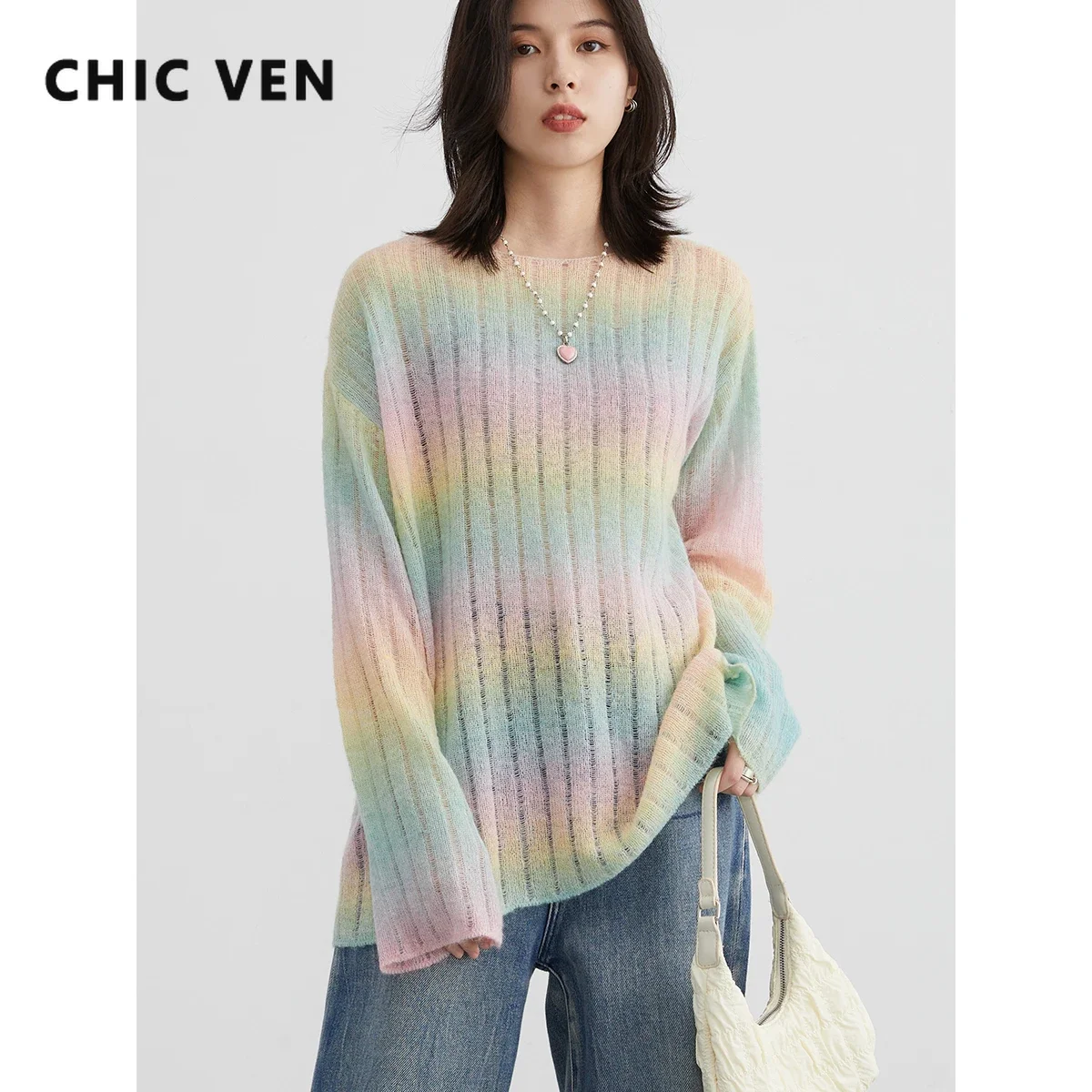 CHIC VEN Korean Women Sweaters Gradient Pullovers Loose Long Sleeve Knit Female Top Woman Jumpers Spring Autumn 2023