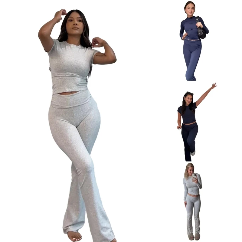 Stretchy Casual Pants with Fitted T Shirt Neck Women's Set Lounge Sweatsuits Set Slim Fit Long Pants for Various Occasions