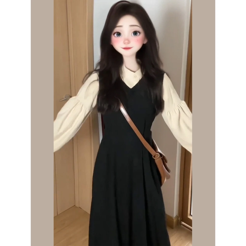 Recién llegado, conjunto de blusa y Dr a cuadros College Sle para mujer, falda larga Faion de principios de otoño, cintura alta, Bubble Sve