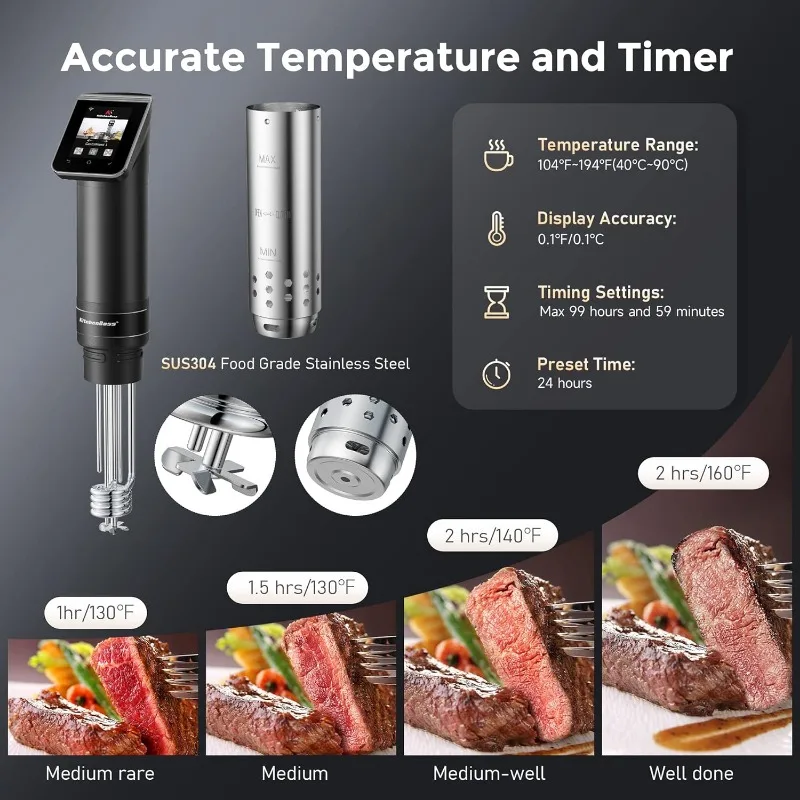 Kitchenboss Wifi Sous Vide Cooker: Ultrarustige Sous-Vide Kookmachine 1100 Watt Roestvrijstalen Immersie Circulator, Zwart