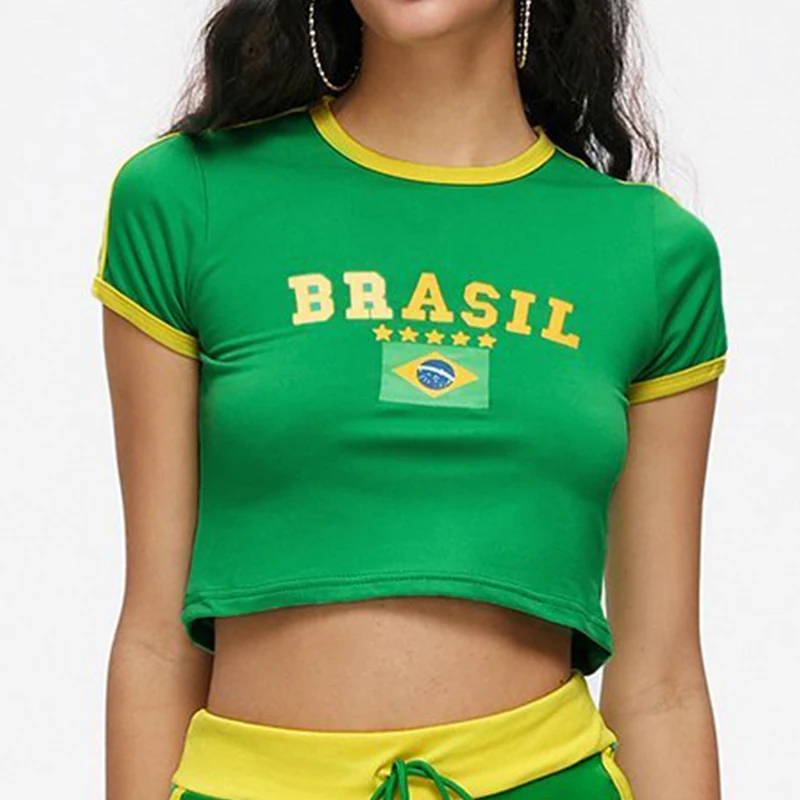 Summer Patchwork T-shirt Brazil Letter Aesthetic Crop Tops Casual Short Sleeve Tee Suit Streetwear Y2k Clothes Punk Women Corset