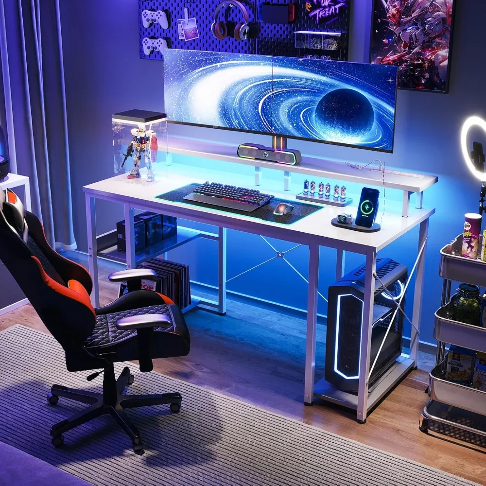 ODK Gaming Desk com luzes LED e Tomadas, Computer Desk, Monitor Stand, armazenamento Sheleves, CPU Stand, Home, 48"