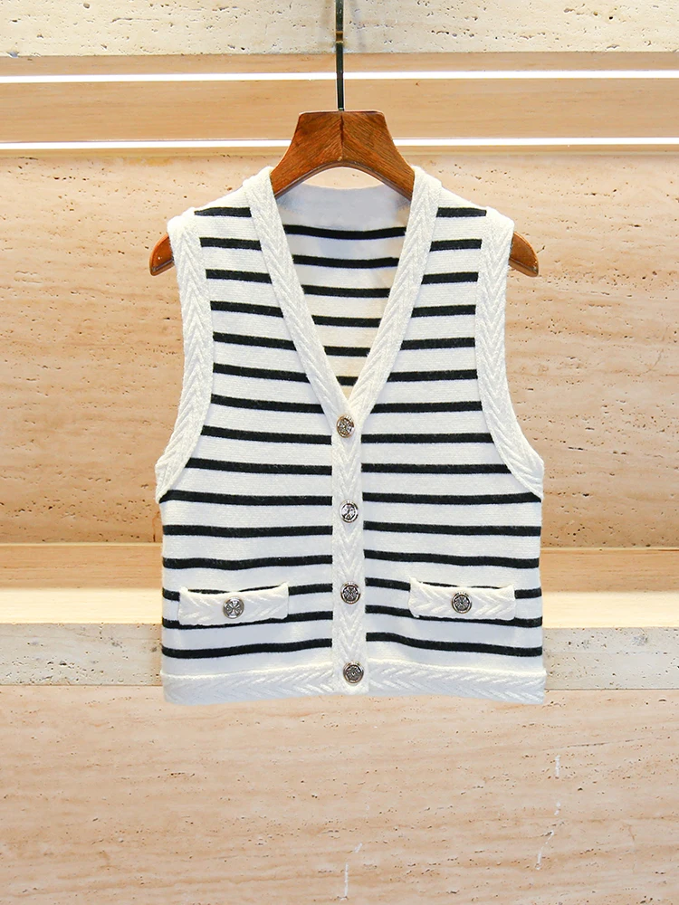 

MIGII Высококачественный женский вязаный жилет в полоску с v-образным вырезом, осенний модный простой кардиган с обычным кроем и пуговицами
