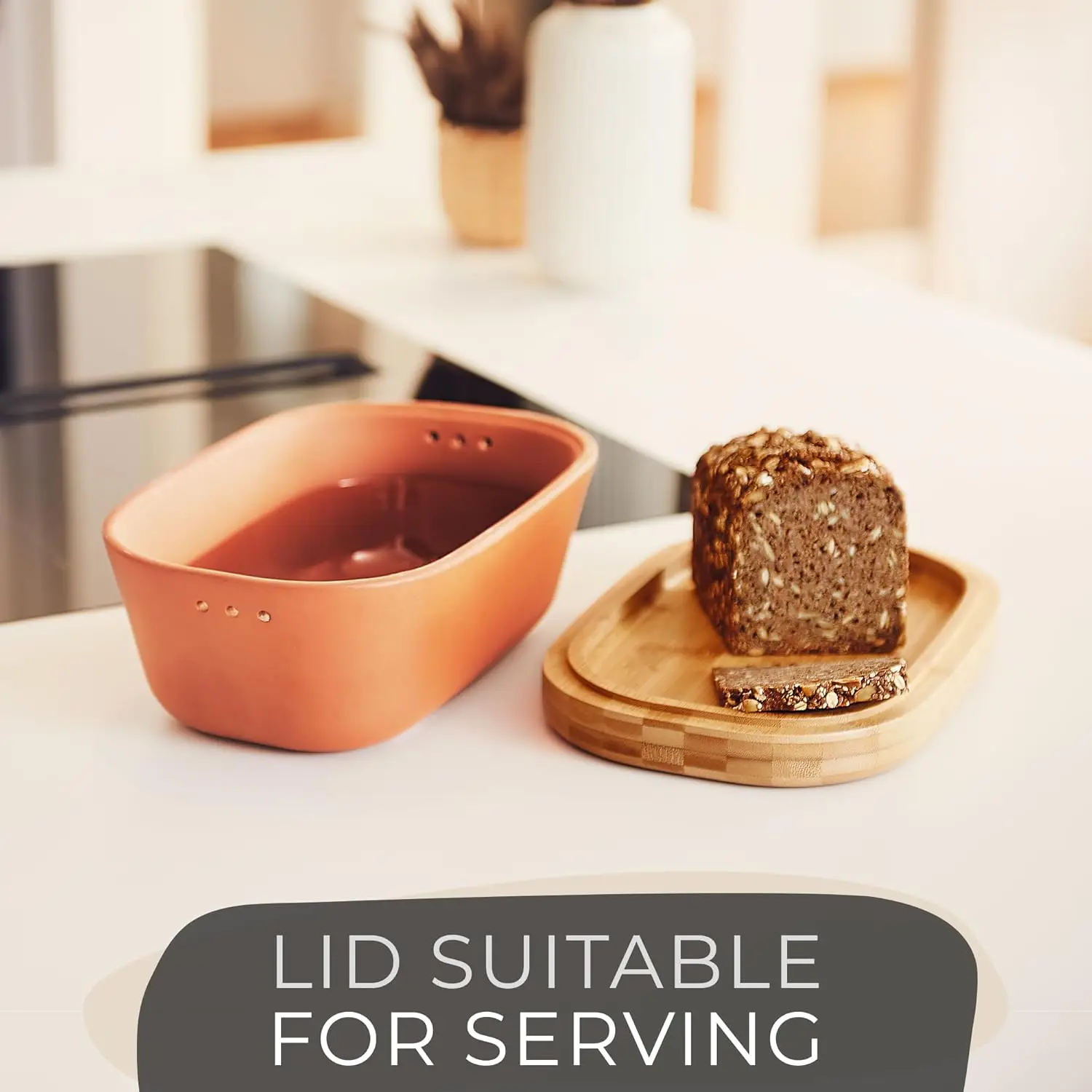 Breathable Terracotta Bread Box (9.8x5.1x3.9 inches) - Keeps Bread Fresh Longer for Kitchen Countertop