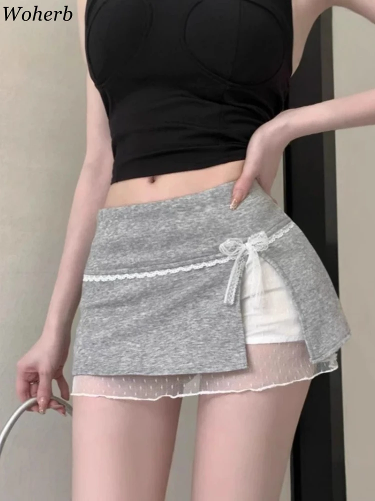 

A-Line Mini Skirt Women's Clothing Lace Patchwork Jupe Fashion Summer Saia 2025 Faldas Mujer De Moda Split Sweet Bow Y2k Skirts