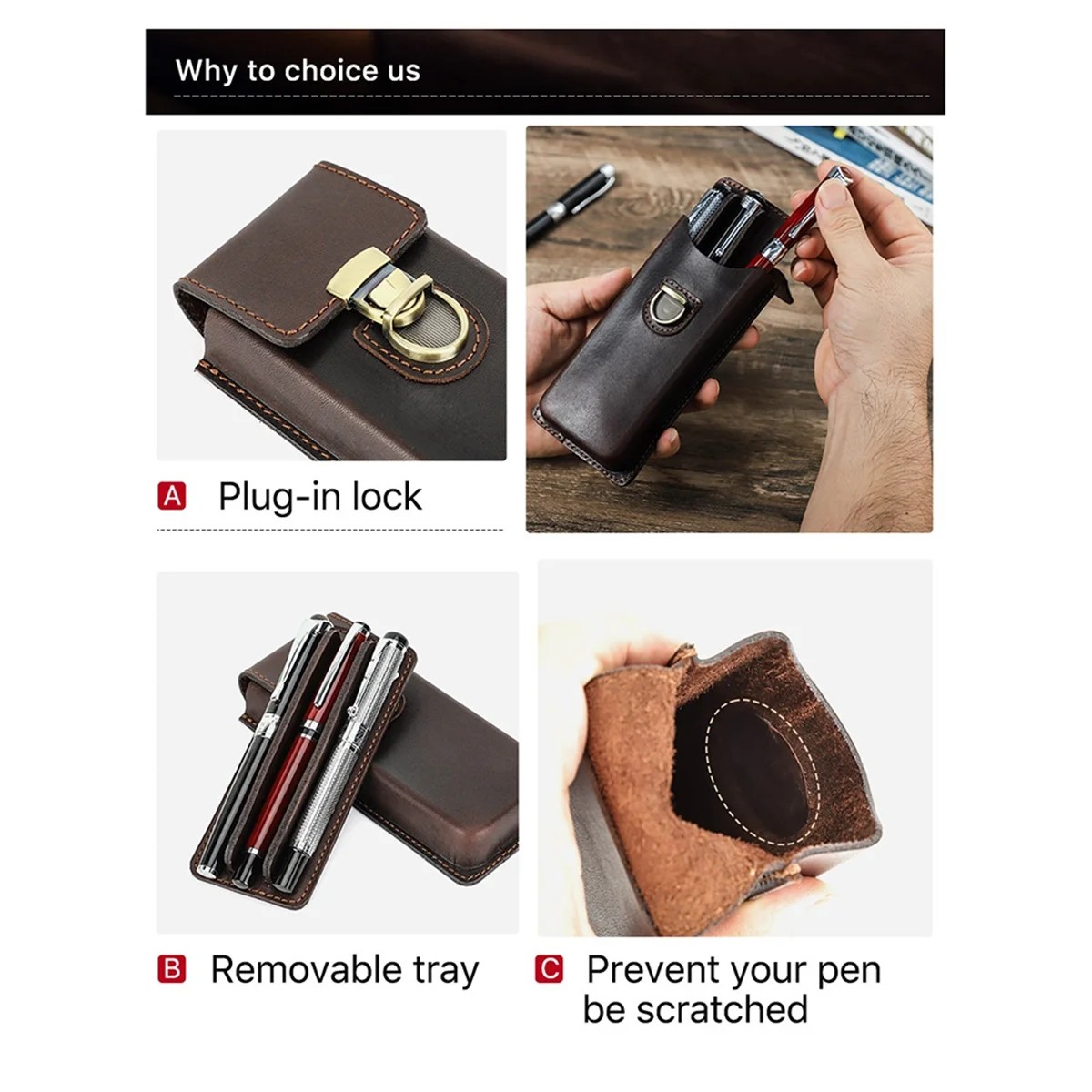 AAAE Handmade ของแท้หนัง Fountain ปากกา Fountain ดินสอสํานักงานเครื่องเขียนโรงเรียน 3 ช่อง