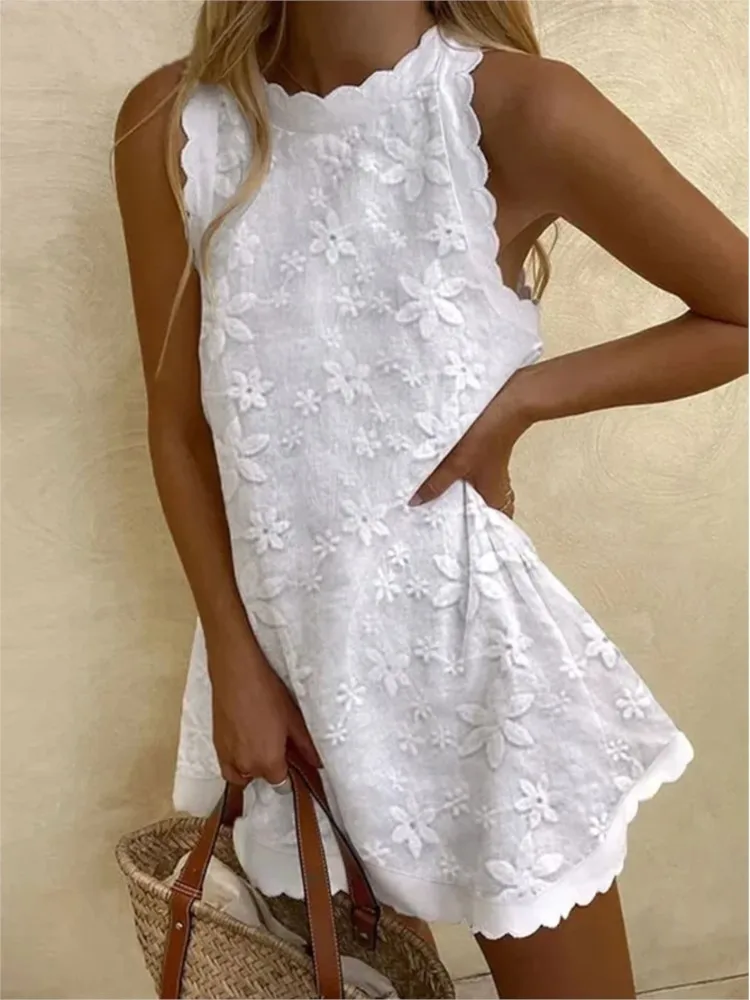 White Elegant Women's Lace Dress Woman Fashion Summer Round Neck Embroidered Flower Sleeveless Lolita Mini Dress Vestidos S-2XL