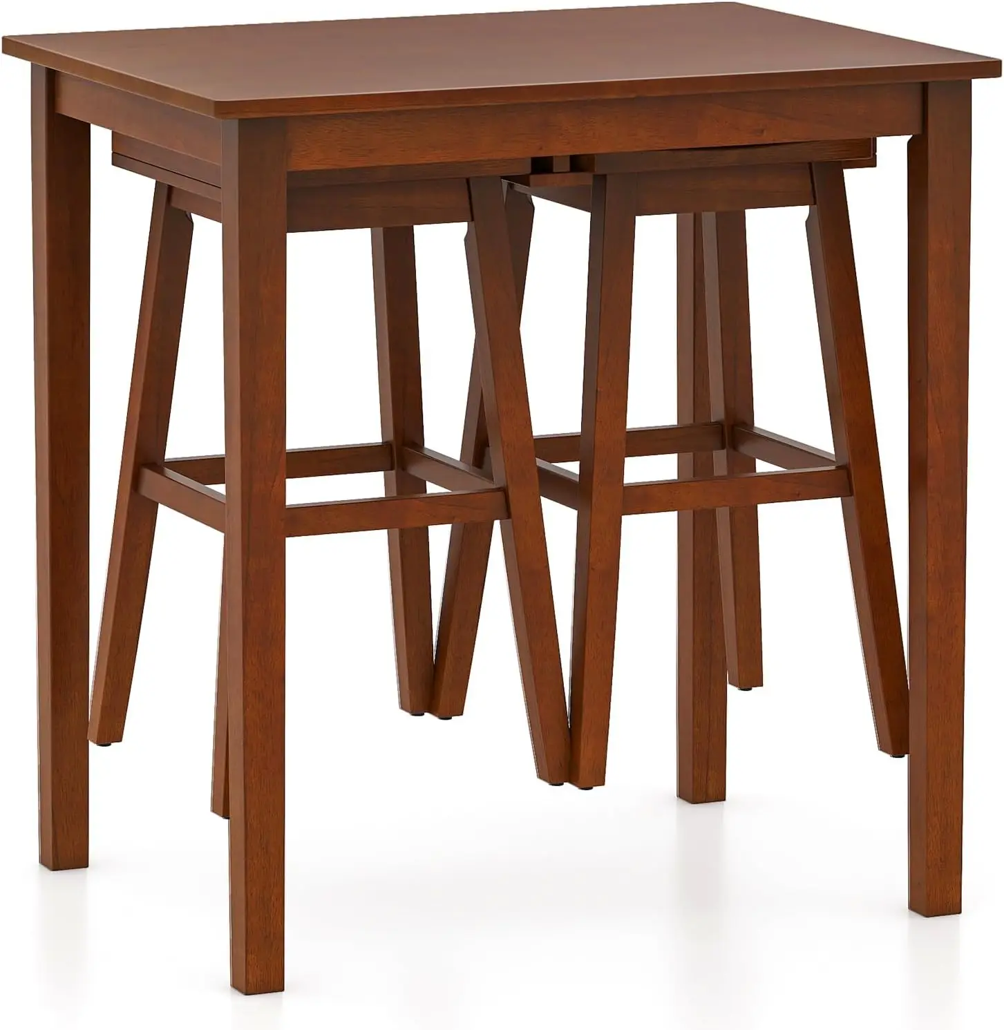 3 Piece Counter Height Dining Table Set With Hangable Bar Stools Wood Veneered Tabletop Rubber Wood Legs Space Saving Dinette Set Breakfast Nook Table Set, Brown