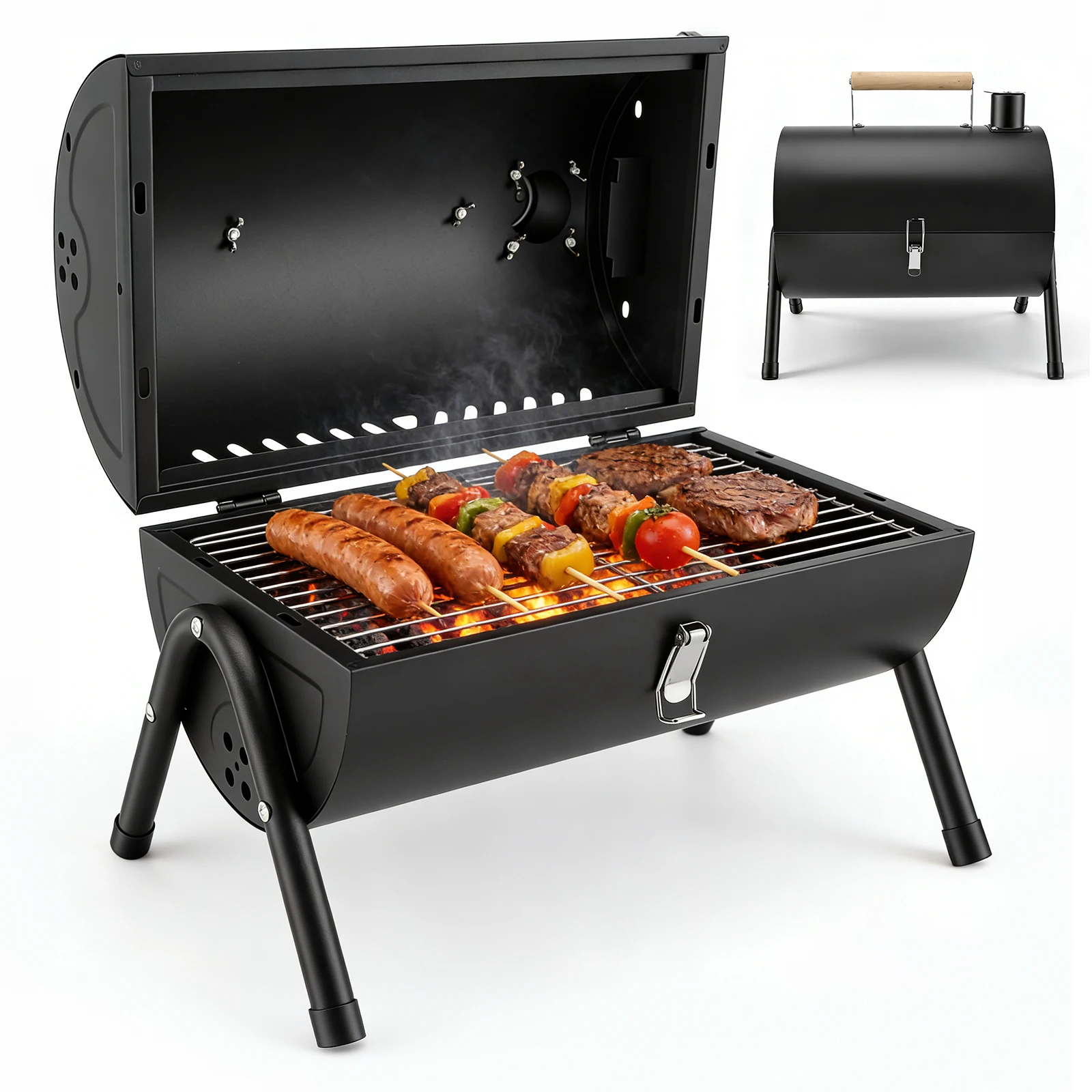 Barbecue portable de camping, grill compact d'extérieur, fumoir, grill à charbon de bois en forme de baril, pour la plage, la caravane, le jardin, les fêtes