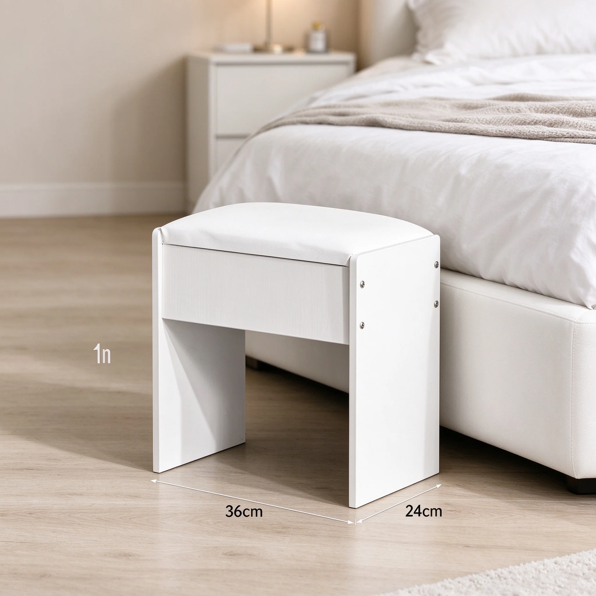 White Makeup Vanity Stool with Soft Cushion, Modern Simple Dressing Table Stool Wooden Frame Bedroom Cosmetic Seat