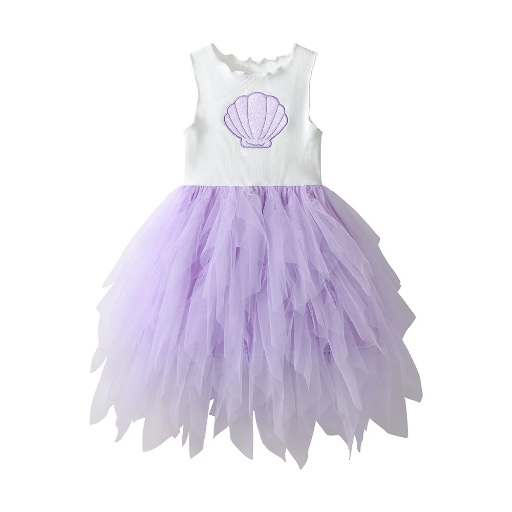 VIKITA Kinder-Kleid in Lila mit Muschel-Stickerei, gestrickt, für Mädchen, Sommer, ärmellos, unregelmäßig, für Party, Tanz, elegantes Tutu-Kuchenkleid – Detail 2