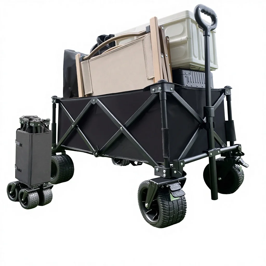 Portable Steel Enclosed Structure Garden Beach Folding Cart Trolleys 4 Wheels Double Brake Collapsible Outdoor Camping Wagon